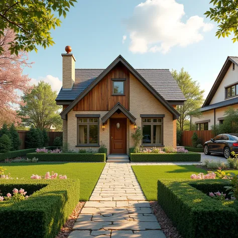 Create a hyper-realistic image of a small, single-family, single-story modern-style home built with authentic 19th-century light yellow pale bricks combined with modern design elements such as wood paneling, large modern windows, and elegant architectural ...