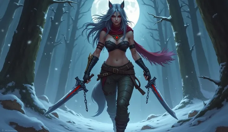 League of Legends, Assassin position, female character, long gray hair Red eyes, wolf ears and tail, old torn crop top, bandages around the arms, black pants, one short and one long, dark brown boots. A red gemstone magic necklace, an old torn red scarf, a...