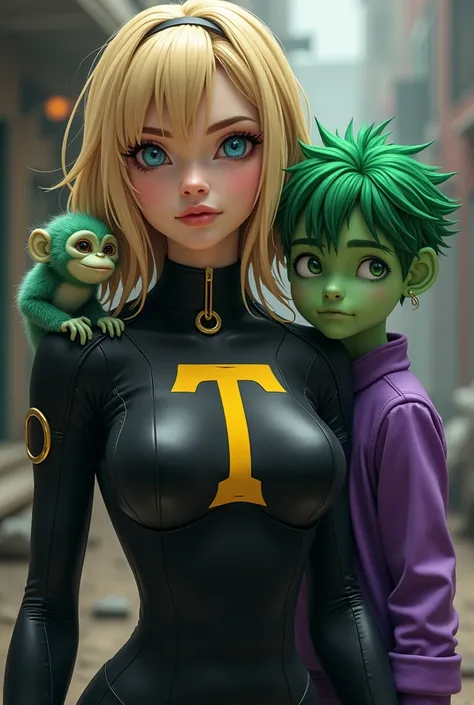  Beautiful blue-eyed blonde teenager ,  wearing a glued black spy suit with a yellow letter t on her chest , And a circle around , She has the power to control rocks .  Next to him is a skinny boy with green skin green eyes green hair and purple casual clo...