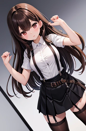 Brown Hair、  Watching Viewers 　　 Suspenders　　　  at the side of the belt 　　 　 　　　　 black miniskirt　 garter belt　 Knee High Socks　　　　　　sight　　　 small face 　bangs 　　　　　Beauty　　Raise your hand　　 　sight 　 black boots 　Taunt　　Armpit sweat　1 person 　　 put your ha...