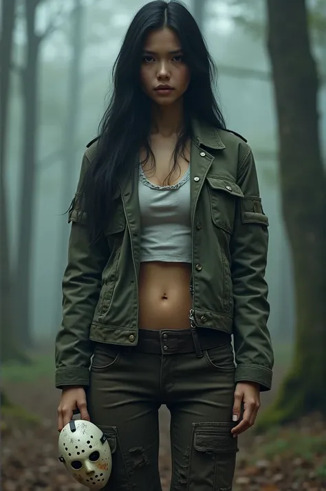 A haunting and fierce costume for a Thai woman, around 30 years old, with fairly healthy skin and long dark hair. She is wearing a fitted, tattered work jacket styled over a distressed tank top or crop top, paired with rugged pants or a distressed skirt. S...