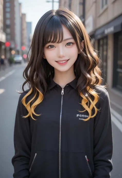  score_9, score_8_up, score_7_up, super detailed,  Exquisite Resolution     ,    detailed beautiful face and eyes,   black hair,    wavy hair  ,smile,    If you look at it from that point of view    ,  Pin Viewer , fashionable jacket 、 I can see my whole b...