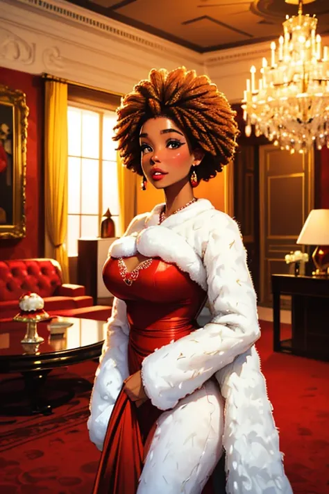  afrocentric skin Dominican woman with Latina roots,  brown hair ,  hazel eyes , very thick lips , In red & black lace pajama dress, Christmas tree,  with pastel pink balls and lots of gold decoration,  shiny ground in white,  short orange hair, She holds ...