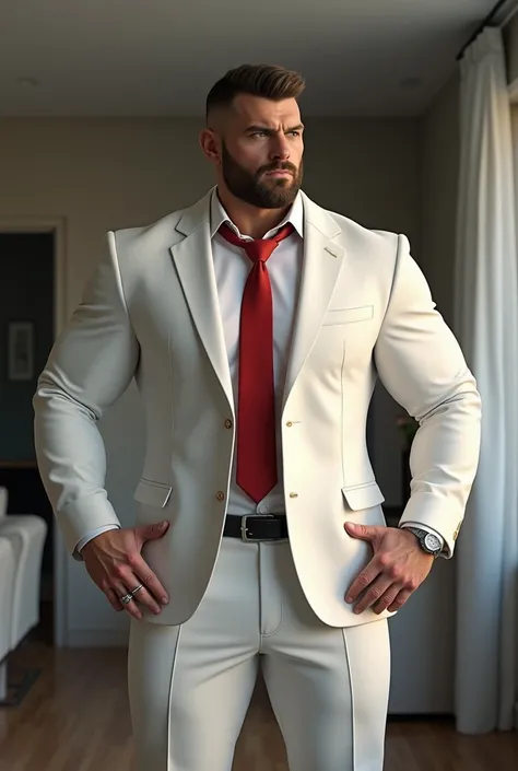  muscle ,big Men,  ,   white suit with red tie   .  apartment in the background .alone , Wedding ring on the left hand.realistic