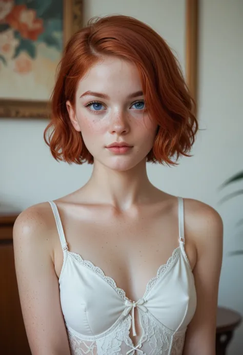  short-haired redhead,  Blue Eyes, Body of a petite , freckles on the face, pale and very white skin, Porcelain Skin,  full body shot