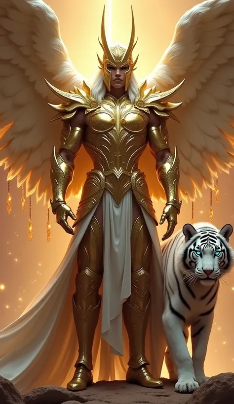 A highly detailed and cinematic depiction of a majestic golden warrior clad in intricately designed armor exuding a divine and celestial presence, standing alongside a fierce and elegant white tiger. The warrior’s armor gleams with polished reflective surf...