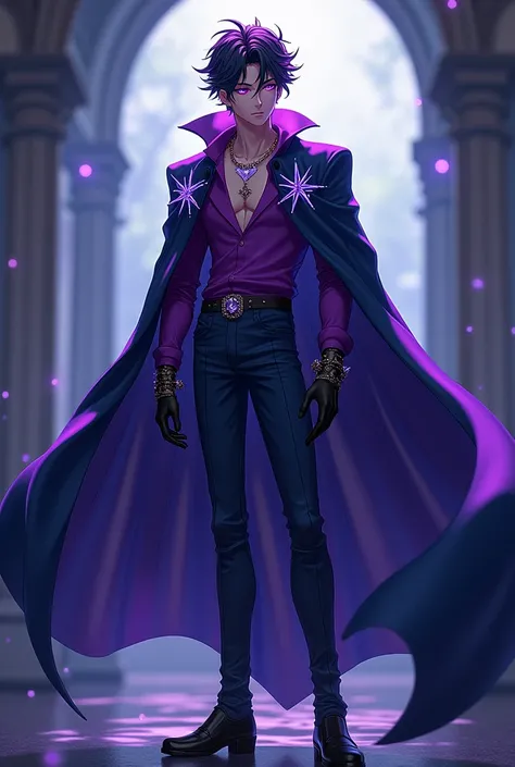 Handsome anime man with purple messy hair, purple glowing eyes, purple shirt, dark blue cape, star jewelrys, dark blue gloves, dark blue pants, black high heel boots,  3d art,