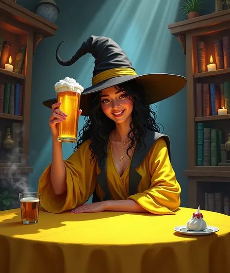 Witch drinking beer ,  celebrating birthday sitting at a yellow table.
