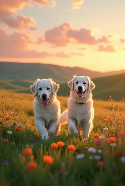 Two white retrievers in a meadow in Wyoming in the sunrise with wildflowers