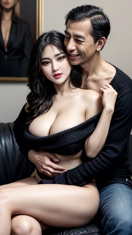 An Indonesian man(Jokowi) and a young woman(Monica Bellucci), masterpiece , real photo, full body, sitting on old mans lap, straight black hair, red lips, strikily beautiful, (beautiful_eyes, pretty face, red lips, high nose bridge),  idol girl, medium bre...