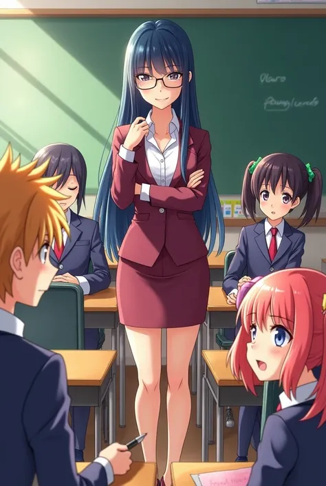 Some boy and girls anime in a classroom room with a sexy teacher