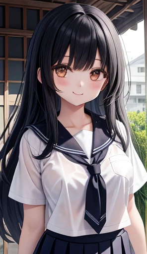  one girl 、smile、 shirt、 skirt 、（ small ）Kirarhythm、 Japanese High School Student Uniforms、Sera Clothing、Summer clothes、 uniforms soaked in squalls、（See-through bra）、Upper body portrait、 black hair long hair, big breasts、