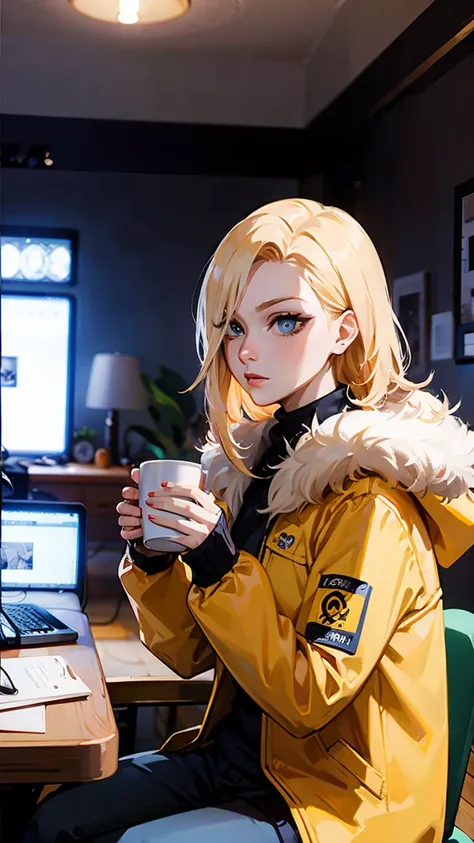 Woman,alone,yellow hair, jacket,(upper body),winter,night, home,living room,sitting sofa,Hot coffee cup,heater,best quality,high quality,super detail,high details