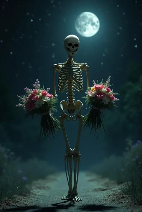 A Skelton walking in he nigh with flowers bookies in his hand