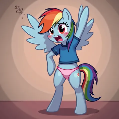 Pony rainbow dash wearing a blue shirt and pink panties and looking embarrassed 