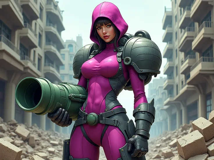 Female soldier. Tight magenta bodysuit. Segmented gray metal armor. Magenta headcap. Holding a large green cylindrical cannon. Cruel smile. Comic style. Digital art. In a ruined city.