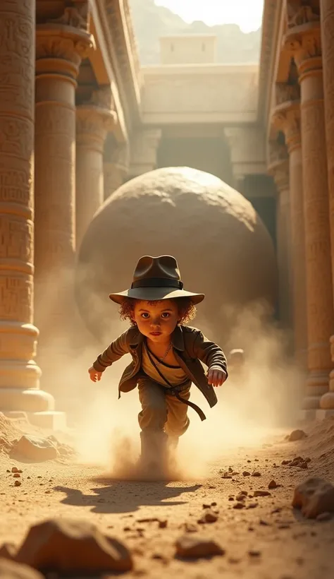 Cute baby Indiana Jones is running at full speed down the temple corridor,  with a gigantic ball rolling behind him , creating dust and chaos 