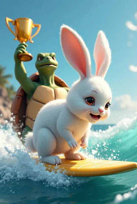 Crying White Rabbit Surfs, turtle holding trophy 