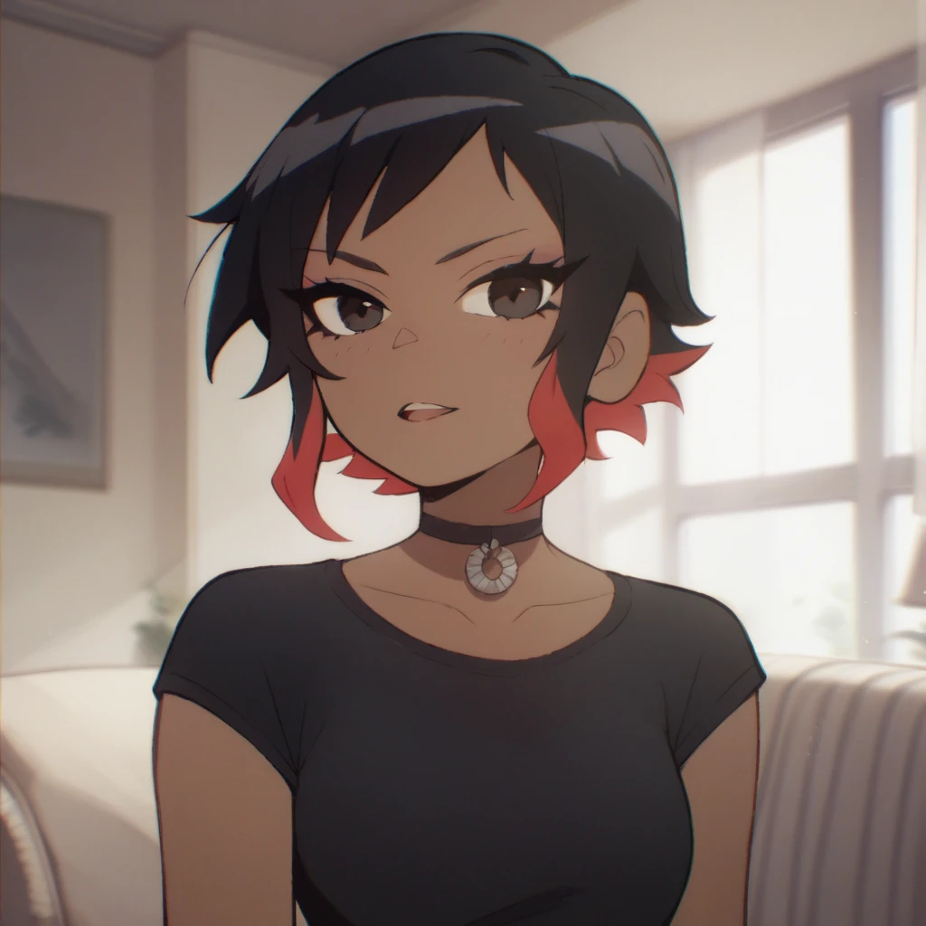 girl, short hair,  black hair with red highlights, brown skin, wearing a black shirt