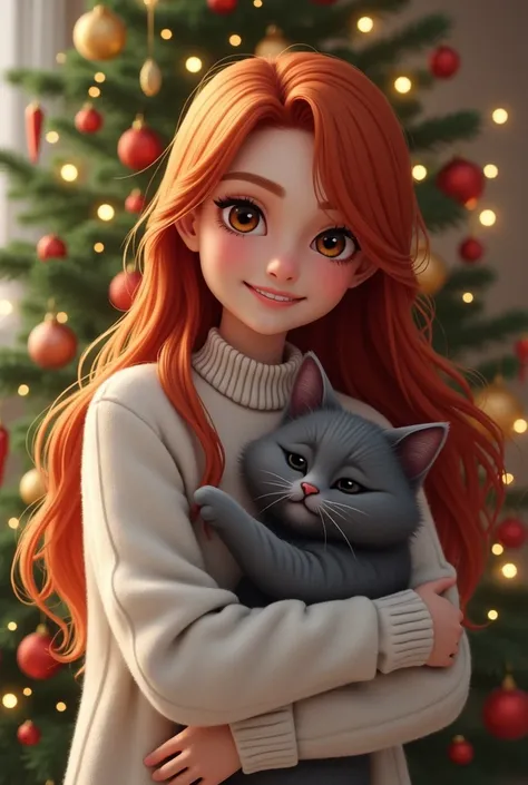 A girl with 20 years red hair, brown eyes, in a white sweater with gray kitty in her hands, smiling against the background of a Christmas tree.