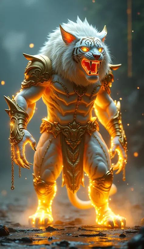 A surreal and cinematic representation of a hybrid fusion between a golden warrior and a white tiger in a threatening atmosphere. The hybrid creature combines the sharp, angular golden armor of the warrior with the sleek, glowing fur and feral features of ...