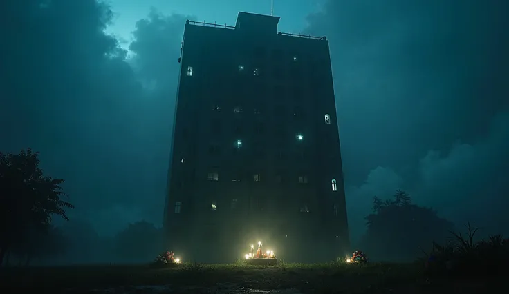  A night vision of the Joelma Building in São Paulo ,  surrounded by a thick fog and an atmosphere of mystery .  The buildings façade is partially illuminated by dim lights from windows ,  but some are out ,  creating an unsettling contrast .  Indistinct s...