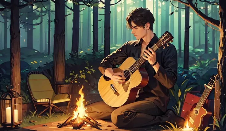 
handsome guitarist playing classical guitar alone, night, HD, sad, forest, campfire,