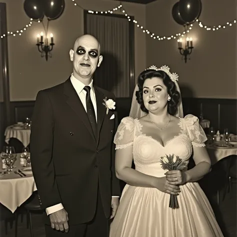 "A newlywed couple at their wedding reception in the 1950s. The groom has a strange and unsettling appearance, with deep black eye bags, wearing a classic dark suit and tie. The bride is a plus-sized woman in a vintage wedding dress with intricate lace det...