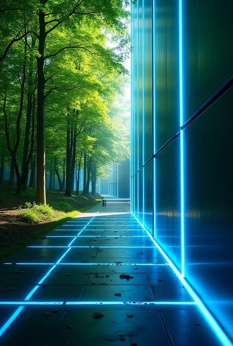 A visually striking design featuring a split layout. On one side, a vibrant green forest with lush trees and sunlight filtering through leaves. On the other side, a sleek metallic surface with glowing blue neon lines arranged in a grid pattern. The composi...