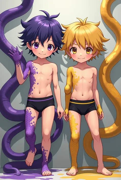  made in anime style Two  young boys ， One hand and foot and belly turn into purple snake scales ， One hand and leg and belly turn into yellow snake scales ，Two peoples heads hold human skin ， One hairstyle is finely fragmented cap color is purple ， Anothe...