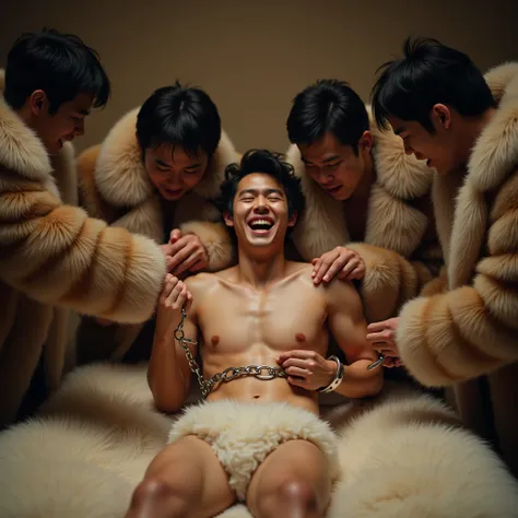 Fur handcuffs on a bed made of fur and a Japanese man in his 20s wearing a fluffy fur swimsuit who was restrained by shackles laughs painfully when 4 men wearing fur coats touch his flanks and armpits with big fur dusters flabbering his flanks and armpits