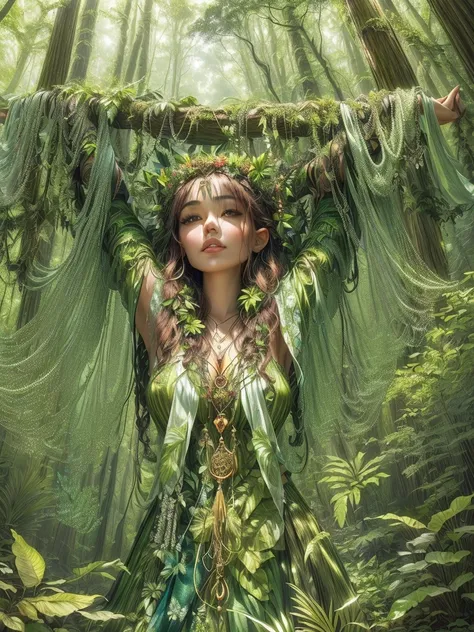 there is a woman that is sitting in the woods with her arms up, nature goddess, dryad in the forest, forest fae, in nature, goddess of the forest, in a jungle, in jungle forest, in a jungle environment, in a redwood forest, in woods, in jungle, in forest j...