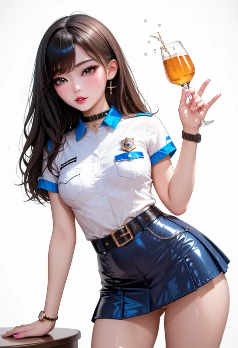    high resolution image, top quality,(( beautiful Korean girl １Please describe a person :1.5))),(((She is one:1.5))),real skin, small breasts, shiny hair, Super Detailed Black Eyes,(( Unmanned White Background :1.5)),(( Equipped Police Belt )),((View watc...