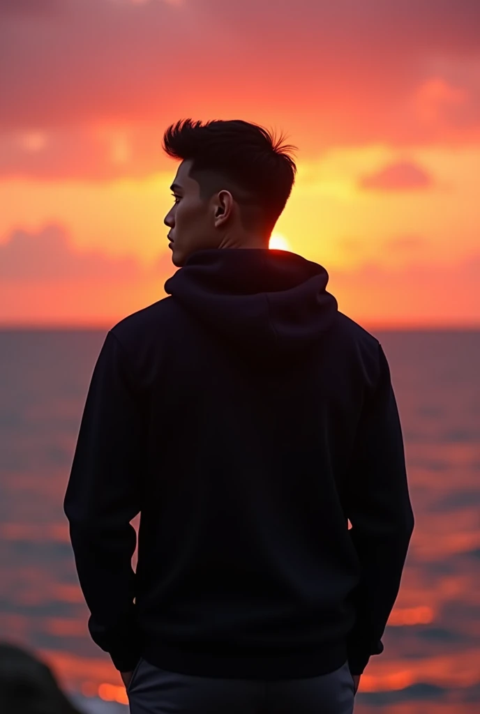  guy, filipino. A handsome guy with a hoodie black jacket, on the sea, standing while on the back view was the sunet. You know the handsome guy. On Philippines and only . Like a korean or Chinese deign just handsome not like 20 or 24 years old. 