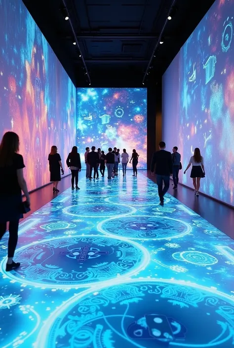 A futuristic interactive LED floor screen in a modern museum, showing colorful and responsive visuals as people walk on it. Sleek design with advanced technology ambiance