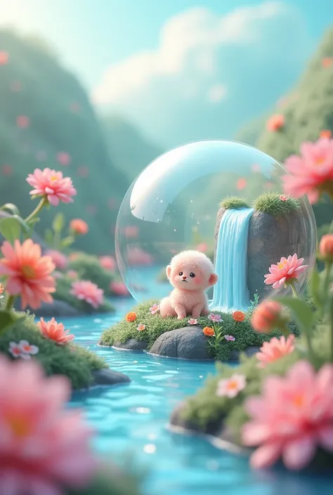 Ultra delicate、 Max Image、cute、 pastel color、Popup、There is a waterfall in the soap bubble