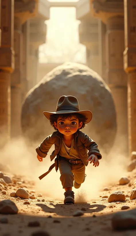 Cute baby Indiana Jones is running at full speed down the temple corridor,  with a gigantic ball rolling behind him , creating dust and chaos 