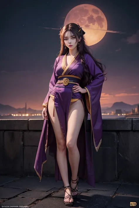 A full-body shot of a woman inspired by the character Daki from Demon Slayer, standing with a strong and determined expression. She has long, wavy golden hair, purple eyes, and wears a red-purple kimono with ornate sleeve designs. Her height is around 160c...