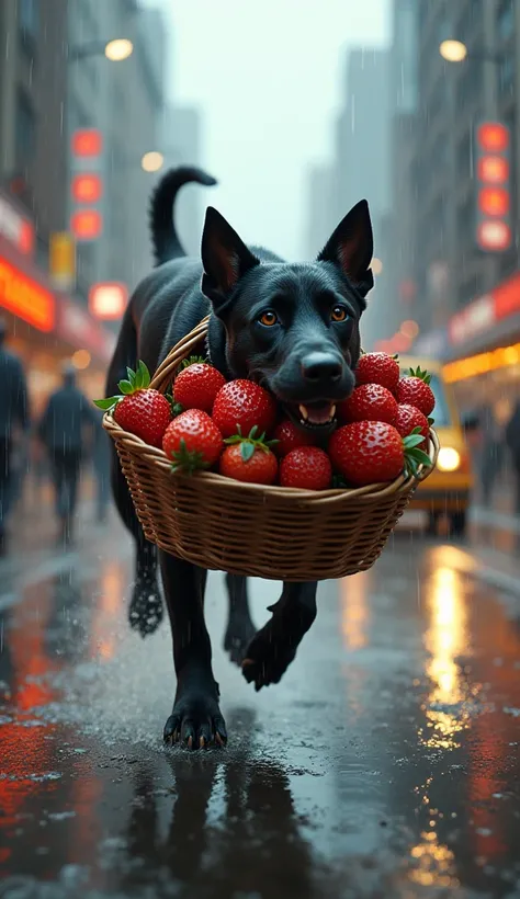 In cinematic 3D style, HD image, colourful image ,realistic image.
Action,A black dog is holding the handle of a large basket in its mouth. There are strawberries in the basket and it is running very fast, Many people are coming and going. Many vehicles ar...