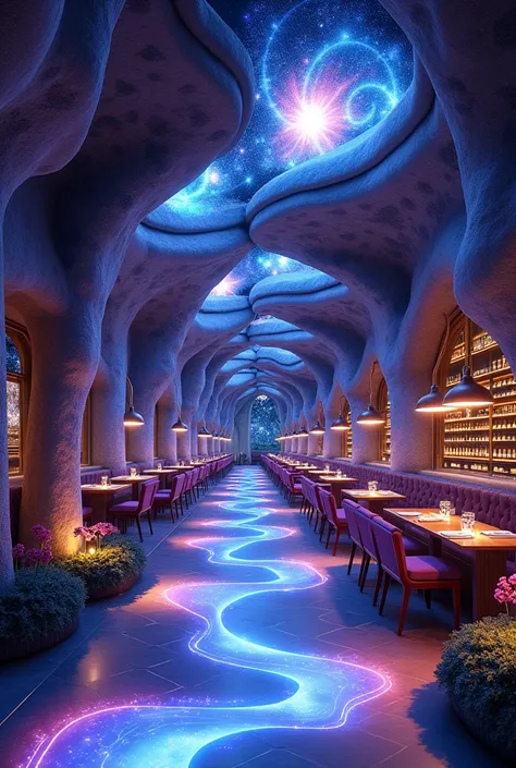 Generate image of galaxy theme pathway in restaurant design unique 