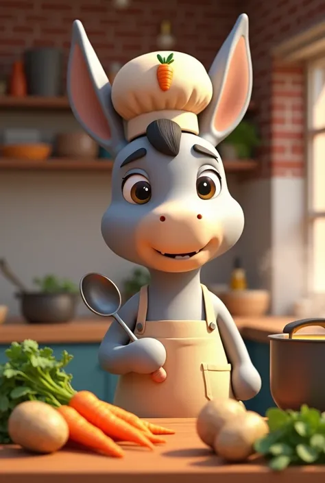 A cartoon donkey, portrayed as a chef, stands in the middle of a kitchen scene.  The donkey is light gray, with a light beige chefs hat featuring an orange carrot.  It wears a light beige apron with pockets.  The donkey has large ears, expressive eyes, and...