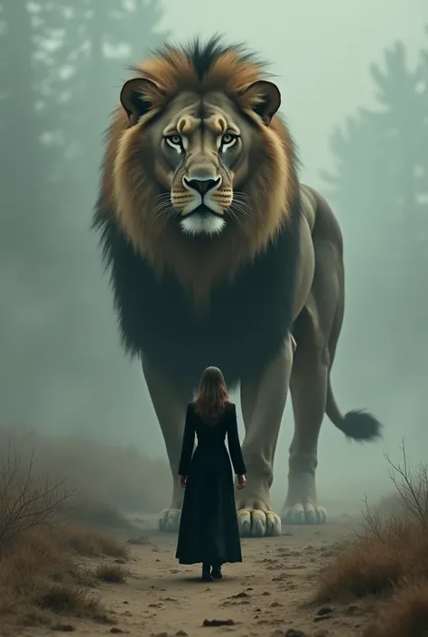 A woman dressed in a black casewal and walking with a giant lion walking alongside 