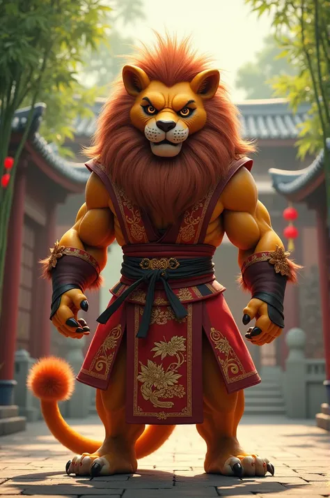 "A majestic lion standing upright, dressed in a traditional Chinese kung fu outfit with intricate red and gold embroidery. The lion has a muscular and powerful physique, with a long, flowing mane styled elegantly. The setting is a serene ancient Chinese co...