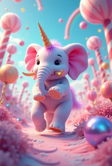 A unicorn elephant in a kingdom of candy and its playing with a pink ball with sparkles everywhere 