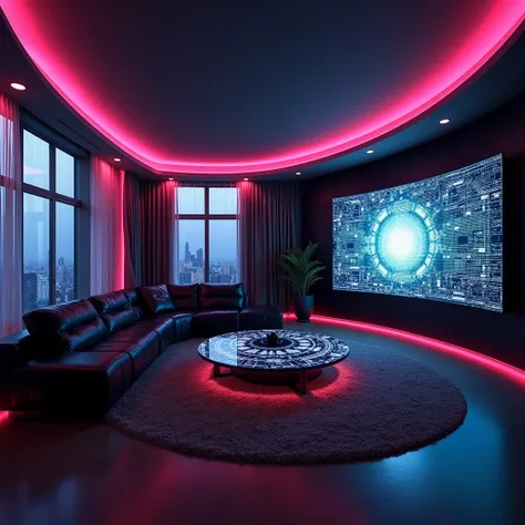 Cyberpunk living room, black leather sofa with neon lighting, asymmetrical metal chairs, glass table with LED displays, huge curved 8K TV with microchip matrix design, semi-transparent digital print curtains, dynamic RGB lighting, dark moody atmosphere",8K...