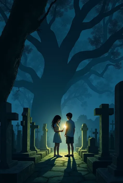 Illustrate a Thai cemetery at night, filled with silent graves and large trees casting ominous shadows. A young woman and a man stand at the center holding small flashlights. The atmosphere feels eerie, with faint whispering sounds seemingly surrounding th...