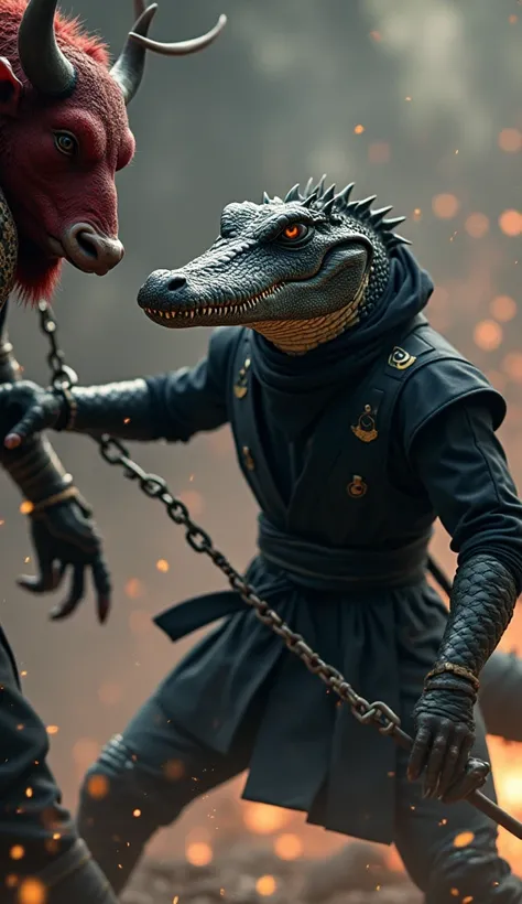 close-up cinematic portrait, a dashing Ninja Crocodile dressed in black ninja fighting against a monster. A red buffalo in a gladiator suit carrying a chain weapon.