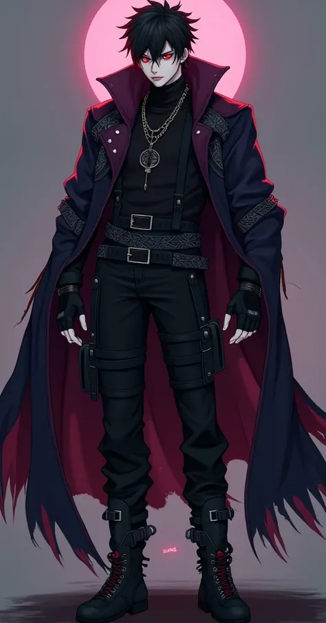 *********** Original adoptable adult male character reference sheet. black hair cyberpunk clothing. purple and black and red clothing colors. apocalyptic. red eyes, piercing gaze.full body. 