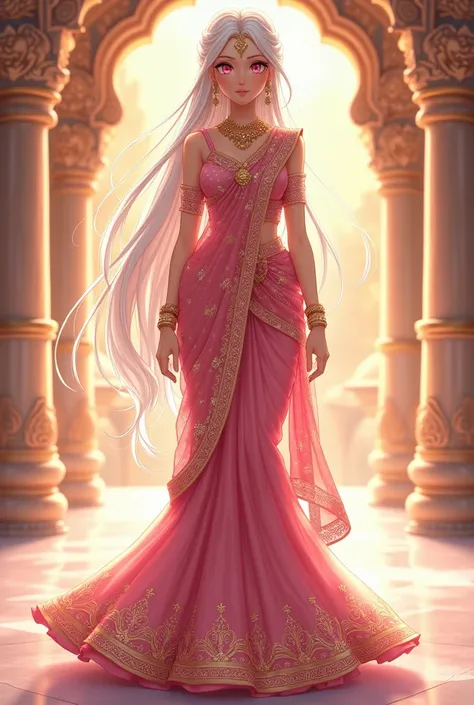 A full-body, highly detailed, beautiful anime-style girl inspired by Japanese 2D anime, wearing traditional Indian cultural attire. She is dressed in an elaborate pink saree adorned with intricate patterns and sparkling gold accents, gracefully showcasing ...