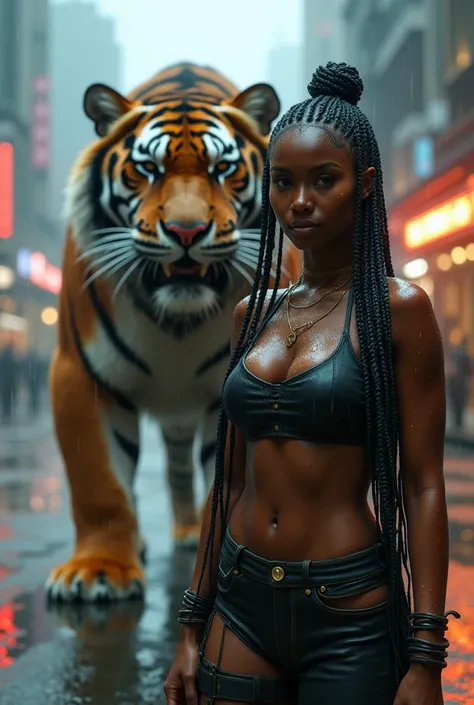  A giant saber-toothed tiger protects a beautiful primitive cyberpunk girl 
(Master Pieces: 1.5) ( photorealistic : 1.1) (bokeh) ( best quality ) (The skin、Couples、 Detailed hair texture : 1.1) (complex) (8k) (HDR) (Wallpapers) ( cinematographic lighting) ...